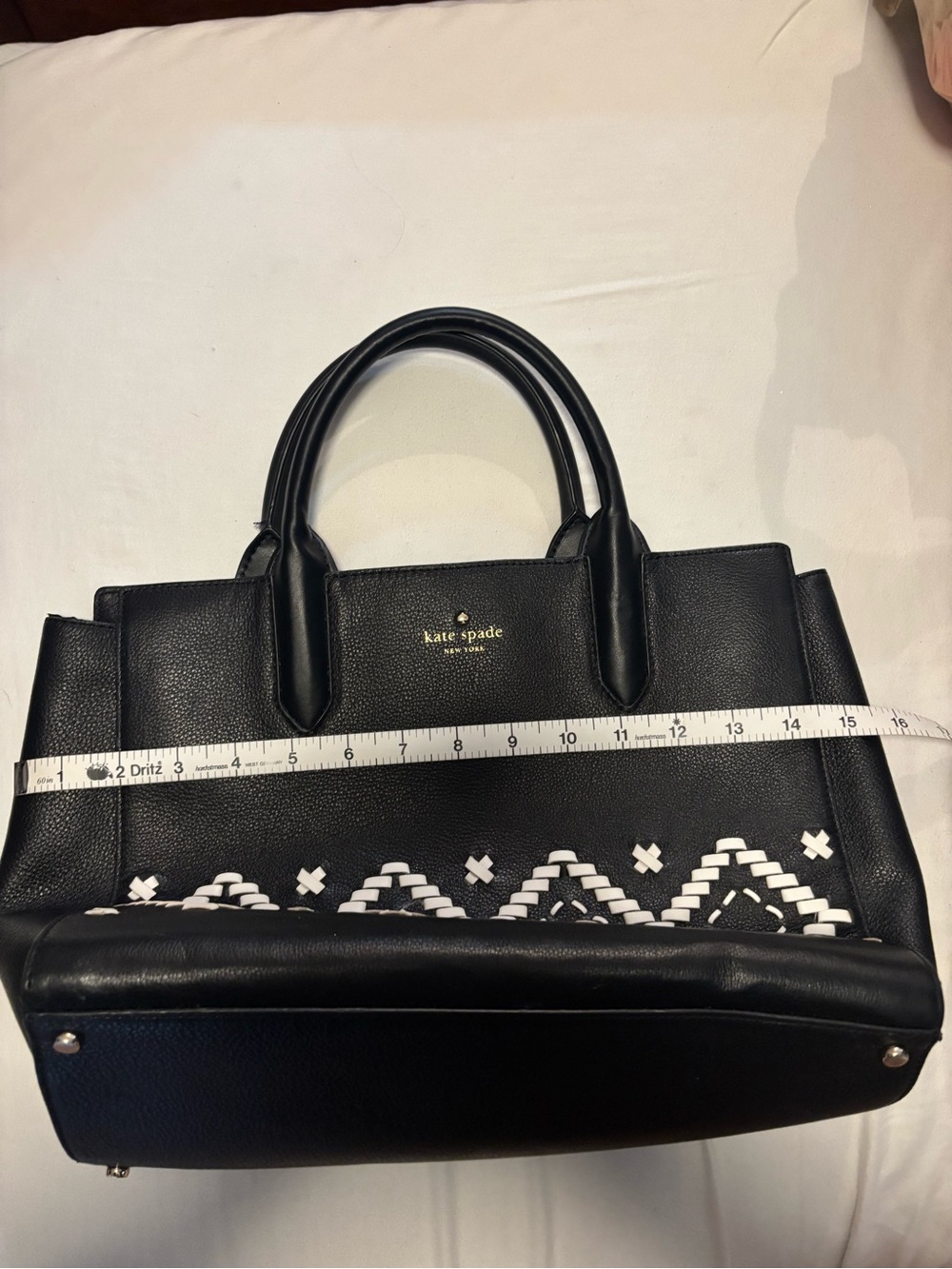 NWOT Kate Spade Black Leather Satchel with White Embroidered Geometric Pattern - Picture 7 of 8